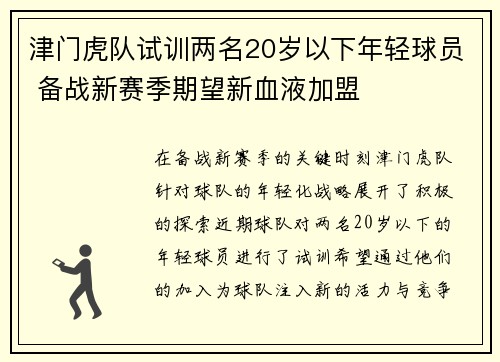 津门虎队试训两名20岁以下年轻球员 备战新赛季期望新血液加盟