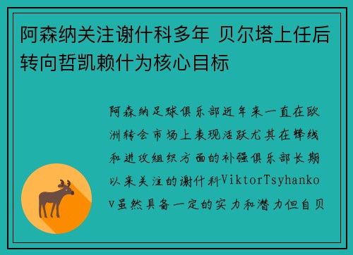 阿森纳关注谢什科多年 贝尔塔上任后转向哲凯赖什为核心目标